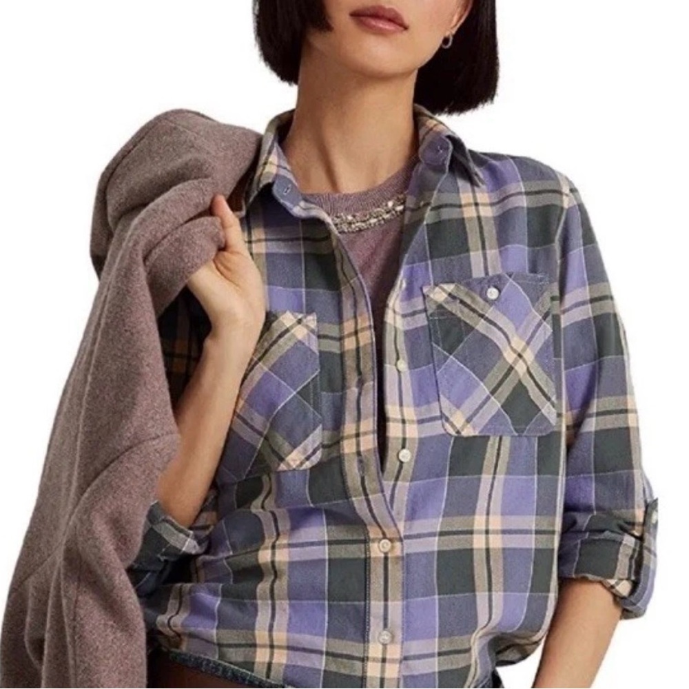 Lauren Ralph Lauren 100% Cotton Lavender, Green & Peach Plaid Button-Up size XL - Picture 9 of 12